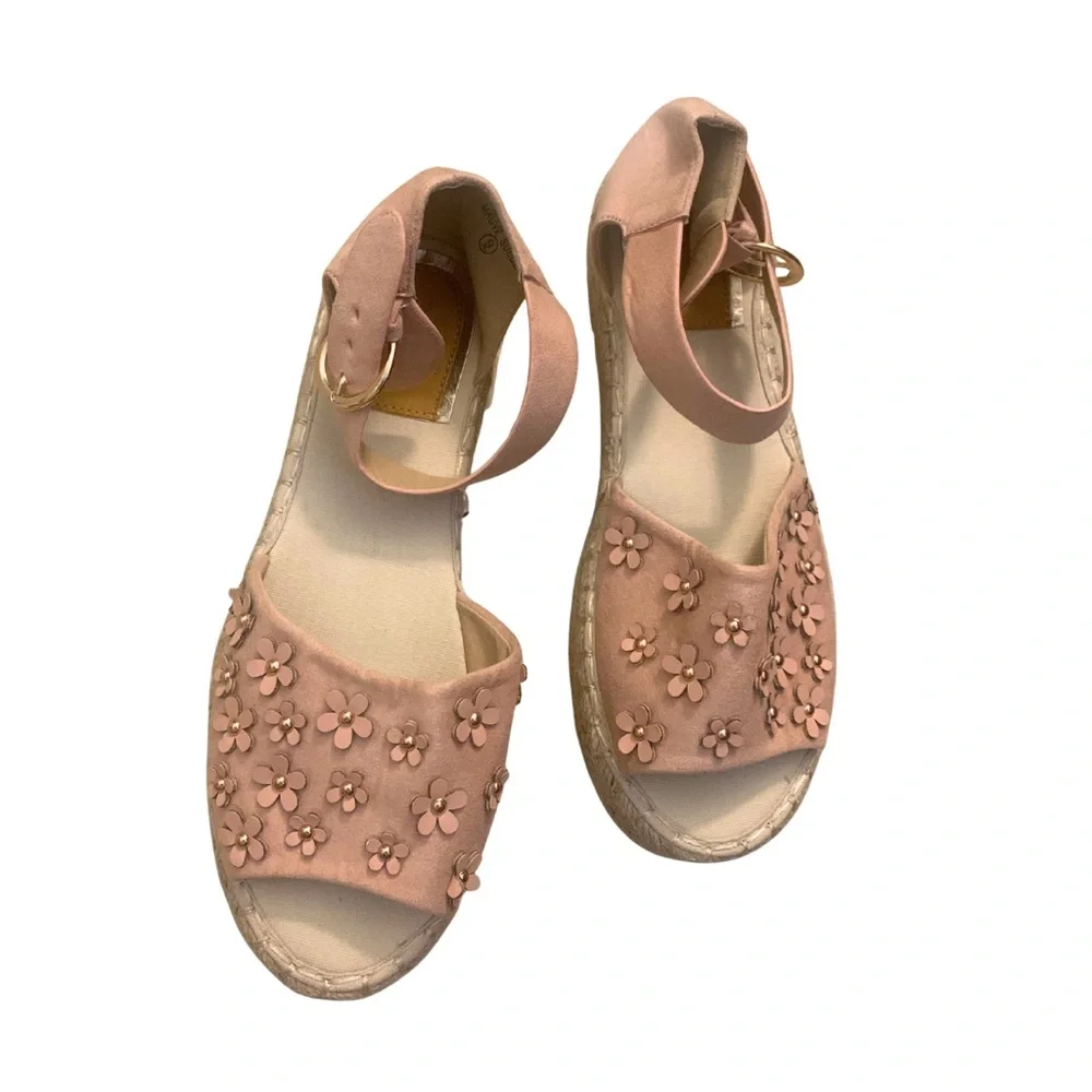 Pink Floral Espadrille Suede Platform Sandal Romantic Feminine Boho Prairie Boho